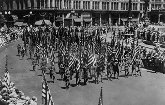 Photo  of an American Legion parade on Monument Circle circa 1920s courtesy of Indiana Historical Society.